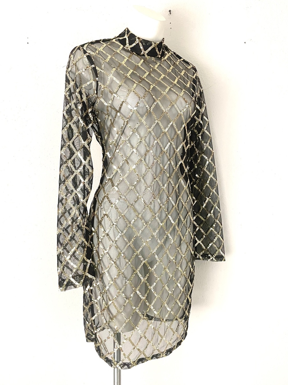 Iris Sheer Black Mesh Mini Dress | Gold Sequin Diamond Pattern Long Sleeve Large